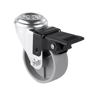 Rueda Selina con pasante y freno, ideal para estabilidad y control en proyectos decorativos.