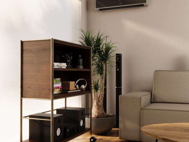 Rueda de diseño LAIA ZINC de Robby instalada en mueble de música.