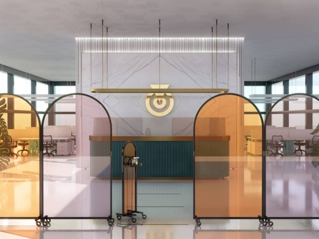 Ruedas instaladas en biombos de diseño Robby OLYM NEO, proporcionando movilidad y un estilo moderno y versátil.