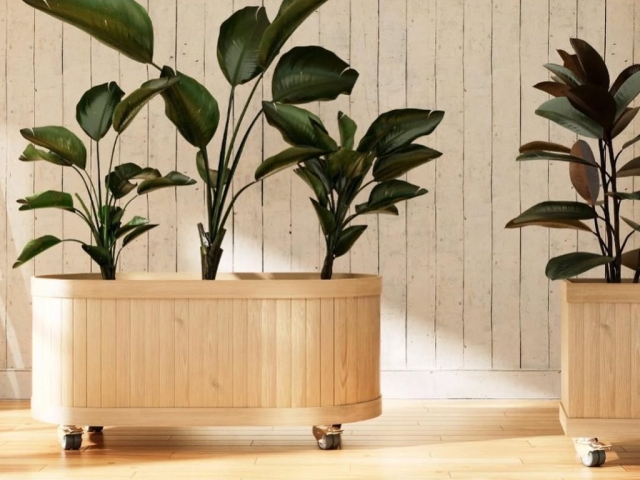 Rueda diseño Robby Blue Mountain Duo, instalada en la base de un mueble para plantas.