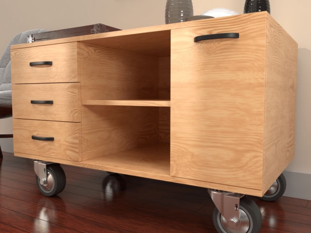 Rueda diseño Robby Emily, ruedas instaladas en mueble de madera.