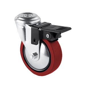 Rueda Robby Emily roja con agujero pasante y freno, ideal para estabilidad y control en decoración.
