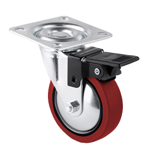 Rueda Robby Emily roja con placa y freno, ideal para control y estabilidad en proyectos decorativos.